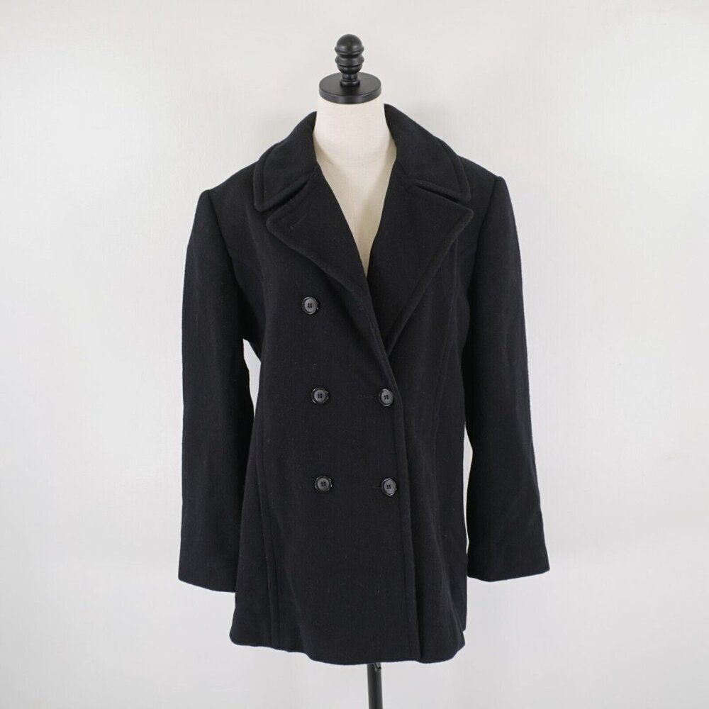 Worthington Black Wool Double Breasted Peak Lapel Size 14 Overcoat